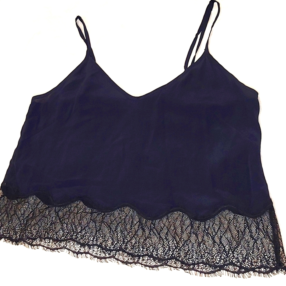 Aritzia Wilfred Dark Blue Silk/Black Lace Chimere Camisole
